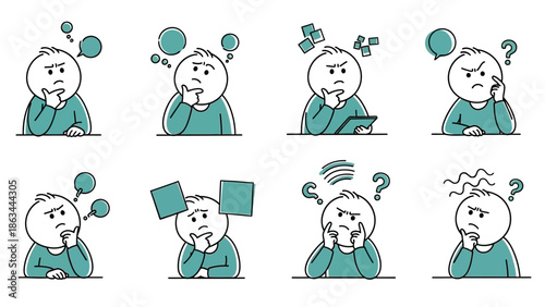 Collection of cartoon characters expressing confusion and deep thought with various gestures and symbols.