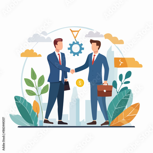 Two businessmen in blue suits shaking hands with a cityscape and gear icons in the background, conveying a professional and partnership mood with colorful leaves.