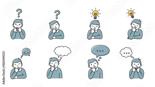 Collection of cartoon characters thinking with question marks and lightbulbs above heads.