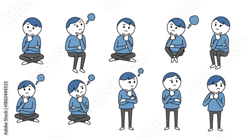 Collection of cartoon characters thinking and pondering different ideas.