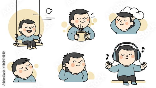 Collection of cartoon illustrations depicting a man enjoying various relaxing activities.