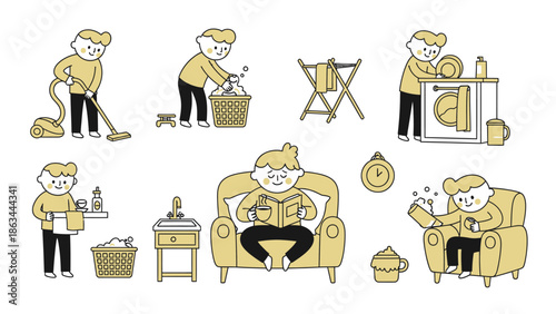 Collection of cartoon illustrations depicting various household chores and leisure activities.
