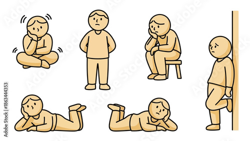 Collection of cartoon people expressing various emotions and poses showing boredom and contemplation.