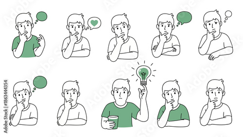 Collection of cartoon men thinking with thought bubbles and lightbulb idea.