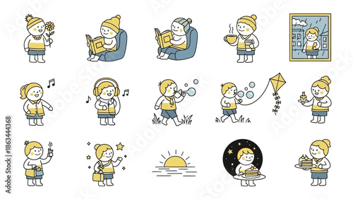 Collection of children engaged in various activities, showcasing different hobbies and daily routines.