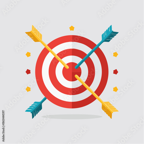 Illustration of a red and white target with two crossed arrows and colorful stars on a plain background, conveying a sense of accuracy and success.