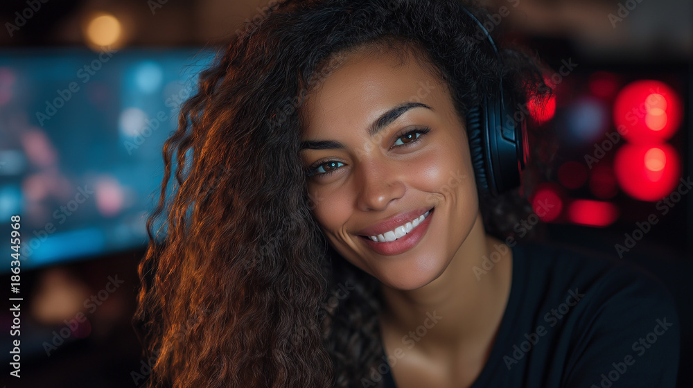 Fototapeta premium <Smiling Woman Gamer with Curly Hair Enjoying Online Gaming with Headphones in Vibrant Cozy Studio>