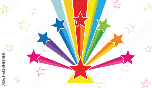 Vibrant illustration of colorful shooting stars with rainbow trails and decorative star shapes isolated on a white background