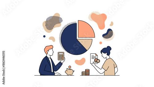 Business people analyzing financial data using pie chart illustration.