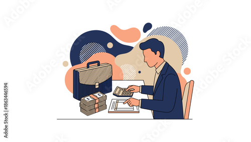 Business professional calculating finances and managing money with briefcase and cash.