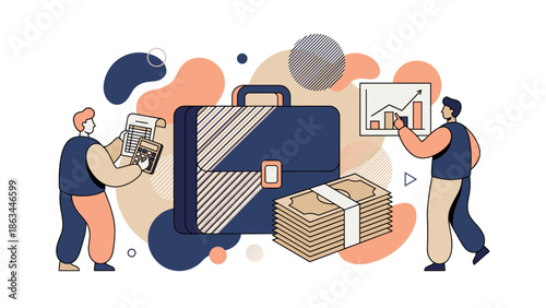 Business professionals analyzing financial data and managing investments with briefcase.