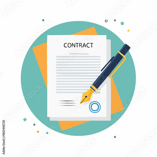 Flat lay illustration of a contract document with a fountain pen on top, against a teal circle background with colorful dots and orange papers.