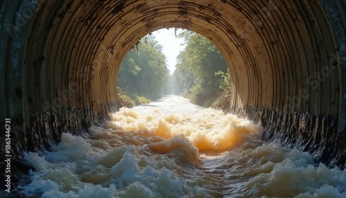 Storm water surges through concrete culvert pipe. Dirty river flows fast, heading towards green forest, under bright sky. Heavy rain caused flooding and eroded banks.