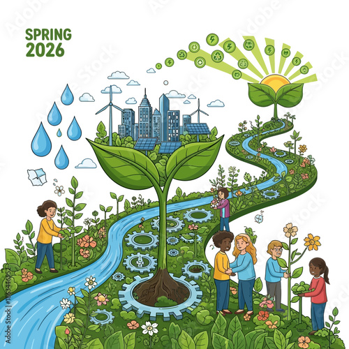 Sustainable Future: Eco-Friendly Cityscape with Children and Nature Elements