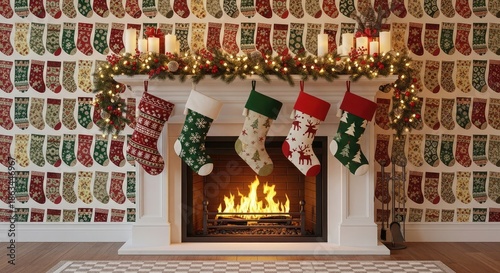 Cozy christmas fireplace with multiple stockings hanging on the mantle and wall decoration in a warm and inviting living room setting