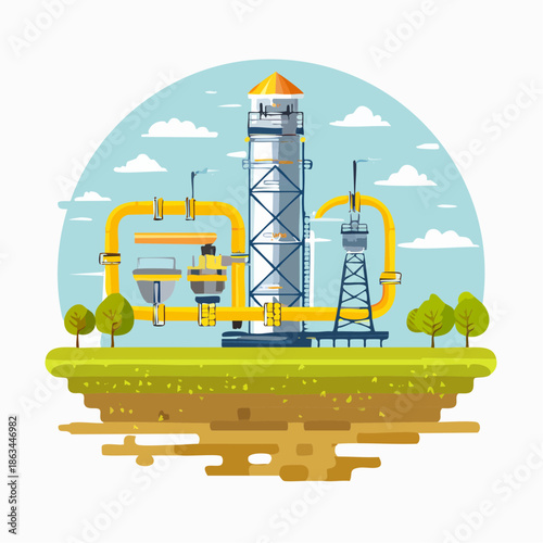 Flat illustration of an industrial oil rig with yellow pipelines and a blue framework against a blue sky with clouds on a green landscape.