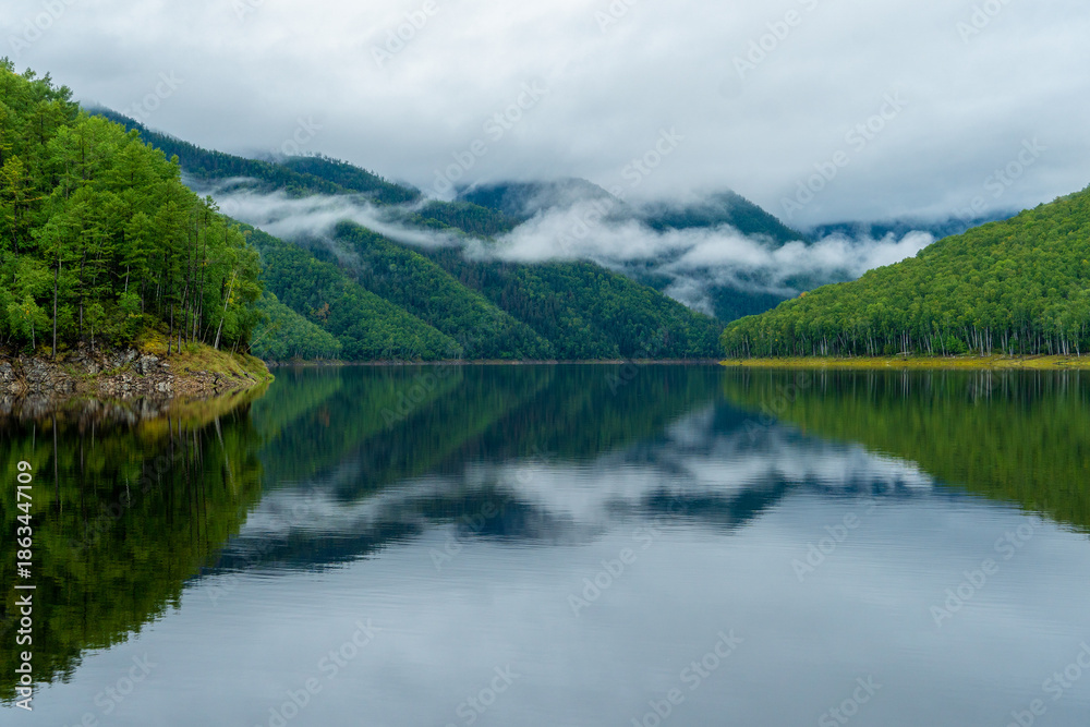 Fototapeta premium The Zeya reservoir. The Zeysky Nature Reserve. The general plan. A picturesque lake among the green taiga.
