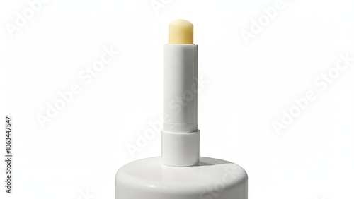 Close up studio shot of a white lip balm tube against a bright background