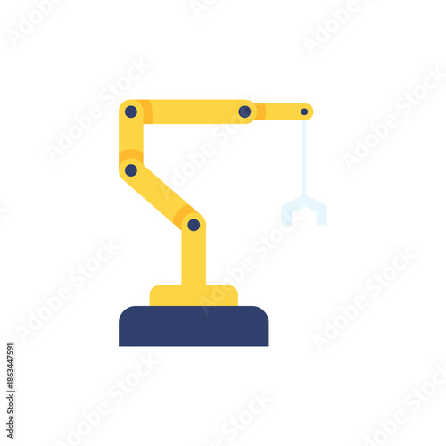 The image depicts a robotic arm in a neutral position, set against a plain background. The arm is yellow with black joints and a blue base, and appears to be a mechanical device designed for industria