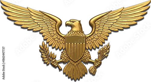 Majestic golden American eagle emblem with shield olive branch and arrows isolated on white background for patriotic designs