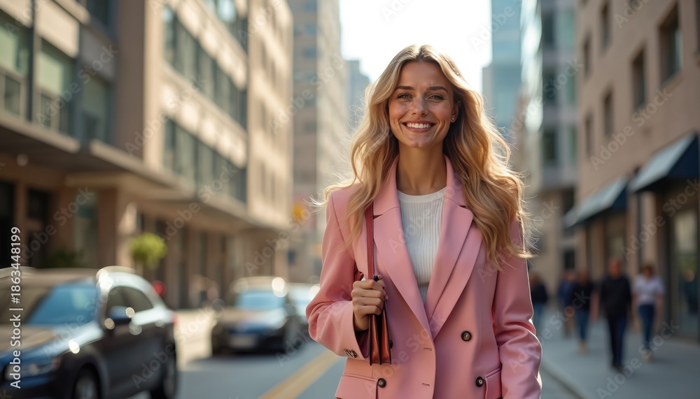 Obraz premium Young woman walks down city street in pink blazer holding purse. Smiles happily, blonde hair flowing. Stylish lady enjoys urban outing, looking confident, chic. Modern female embodies city life.