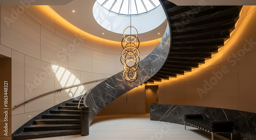 Grand modern spiral staircase in a luxurious architectural interior, beautifully lit by cove lighting and a statement chandelier under a bright skylight