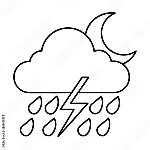 Black outline simple icon depicting nighttime thunderstorm weather conditions with a cloud crescent moon lightning bolt and falling rain drops for forecasts