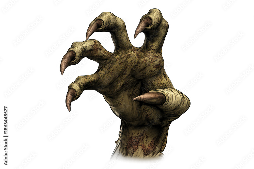 Fototapeta premium Zombie monster hand reaching out with long claws, scary creature limb for horror and halloween concepts