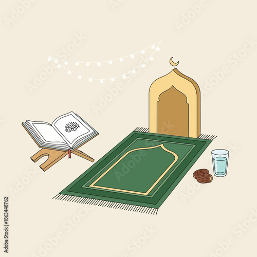 Islamic prayer setup: Quran, prayer mat, dates, water, and mosque arch, with festive lights.