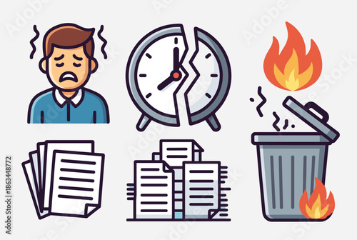 Conceptual Icons Representing Work Stress, Time Pressure, and Burnout