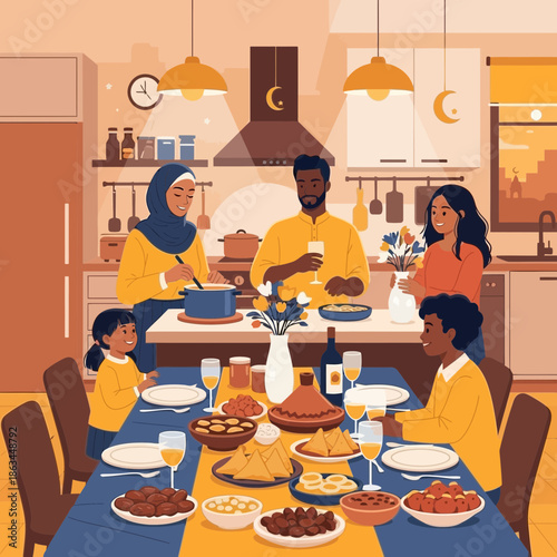 Muslim Family Celebrating Ramadan Iftar Dinner Together in Kitchen