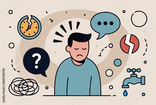 Stressed Man Facing Many Issues, Including Time, Communication, and Confusion