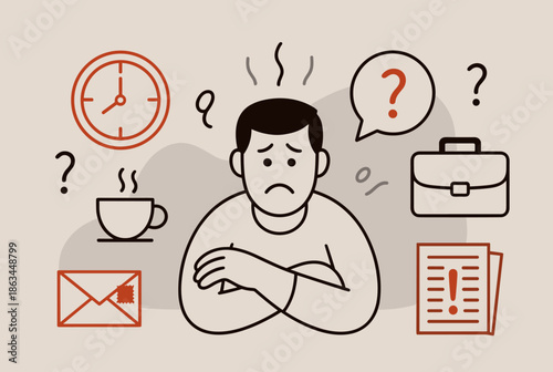 Stressed Man Overwhelmed by Work, Time Pressure, and Unanswered Questions
