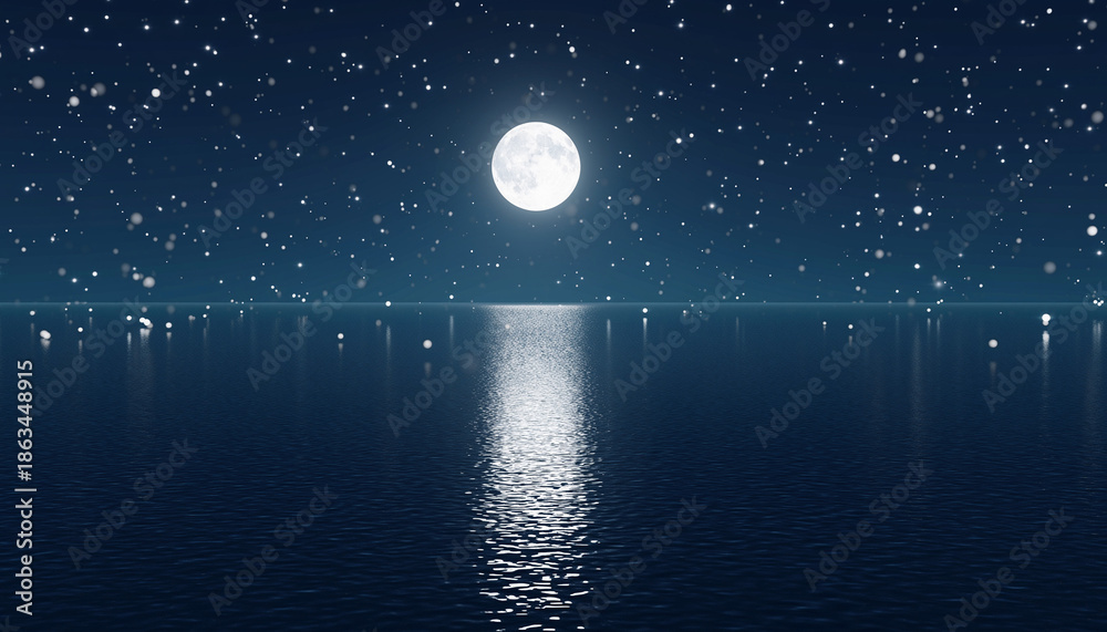 Obraz premium 月夜の海に銀色粒子が舞う幻想夜景背景