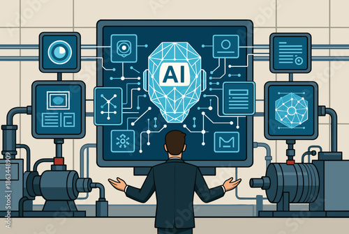 Man Interacting with a Complex Artificial Intelligence Interface in a Tech Environment