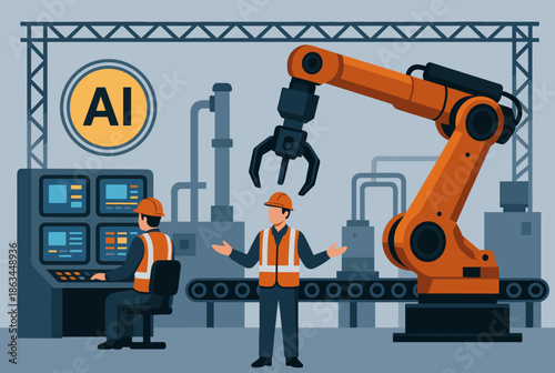 Workers Oversee Ai powered Industrial Robot Arm in Automated Factory