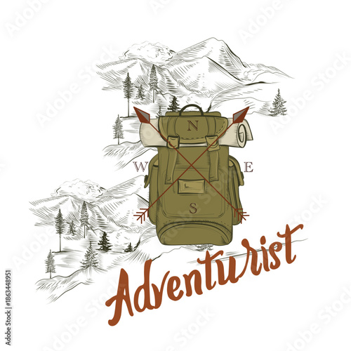 Fashion apparel print go wild, wanderlust, mountain trip vector hand drawn illustration of backpack and landscape