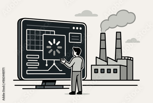 Worker Oversees Industrial Data and Processes on a Large Digital Screen, Factory Behind