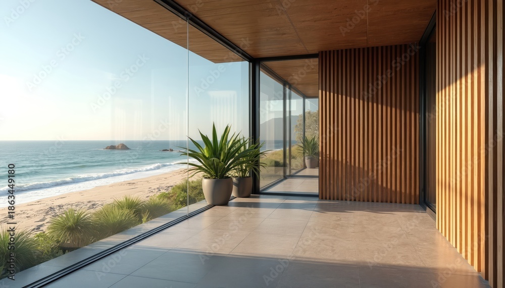 Fototapeta premium Modern room with large windows overlooks ocean beach. Natural light fills space with wood slat walls. Plants on floor add green touch to interior.