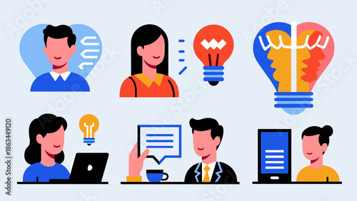 Flat Design Illustrations Representing Business, Ideas, and Communication