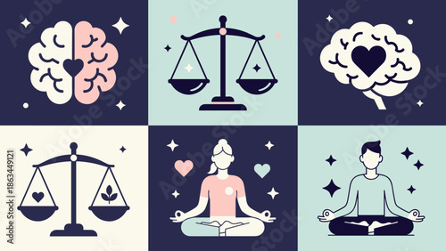 Wellness and Mindfulness Concepts Balance, Brain, and Meditation Art