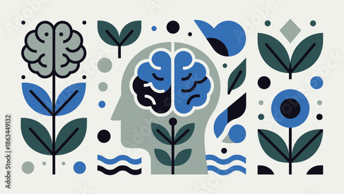 Geometric Illustration of Human Head with Brain and Surrounding Nature Elements