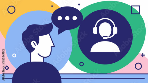 Flat Design Illustration User Chatting with Online Customer Support Agent