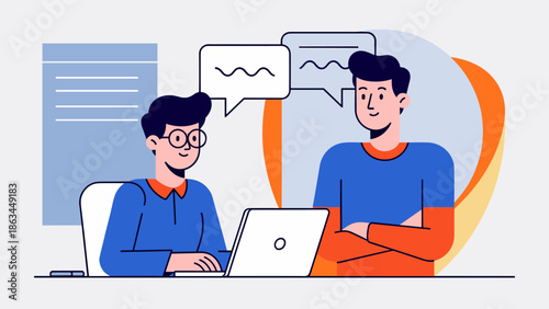 Two Men Collaborate and Communicate on Laptop, Exchanging Ideas