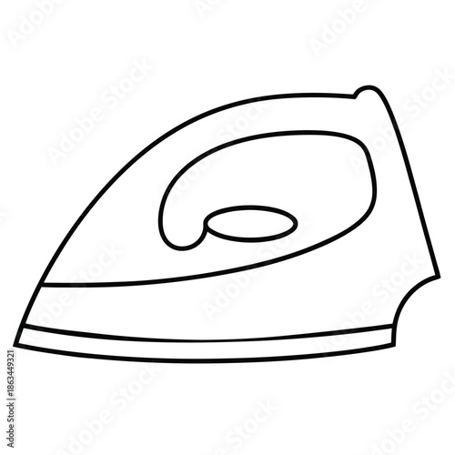 Simple black and white outline drawing of a domestic clothes iron appliance isolated on a white background representing household chores and garment care essentials for design projects.
