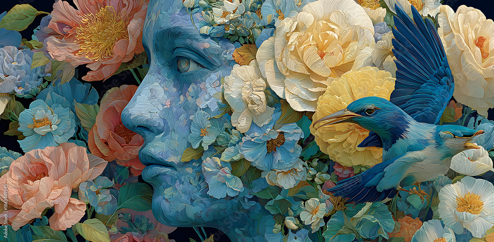 Obraz premium Woman brain with flowers and birds, self esteem and mental health care concept, positive thinking, creative mind, generative AI
