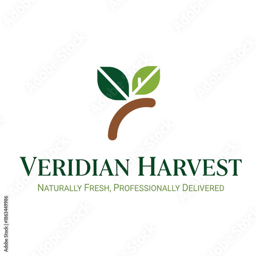 Veridian Harvest logo featuring a stylized brown stem with two green leaves, accompanied by the company name and tagline.