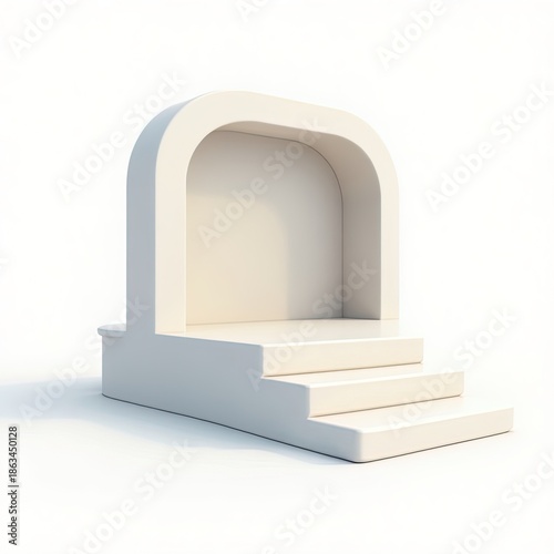 Perspective View of Minimalist 3D Display Niche with Steps and Curved Arch for Product Mockup on White Background