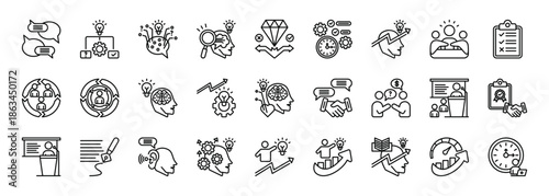 core professional skills set collection in outline style. icon set consist of communication, problem solving, critical thinking, analytical thinking, decision making, time management, leadership icon