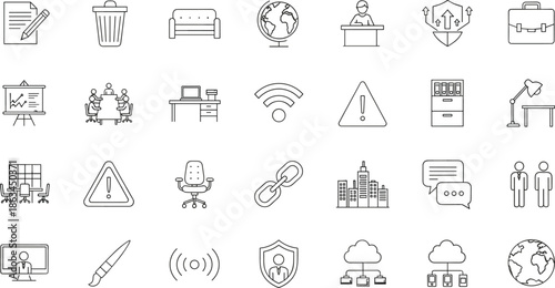 Minimal outline business and office icons set, workspace technology communication security network management symbols, modern thin line vector illustration